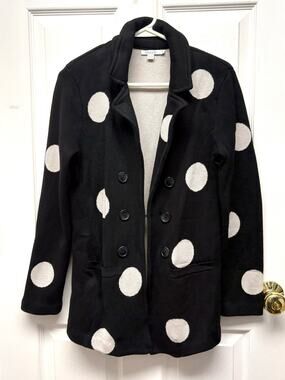 Chico’s Sweater Jacket Black Polka Dot Knit Double Breasted Blazer Size 2 4